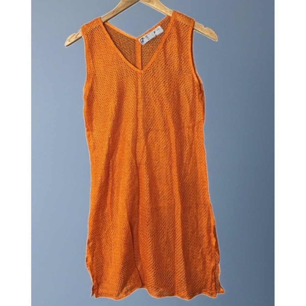 Y2K Trendy Looks Mesh Knit Tunic Women Medium Orange V-Neck Rayon Coverup - Picture 11 of 13